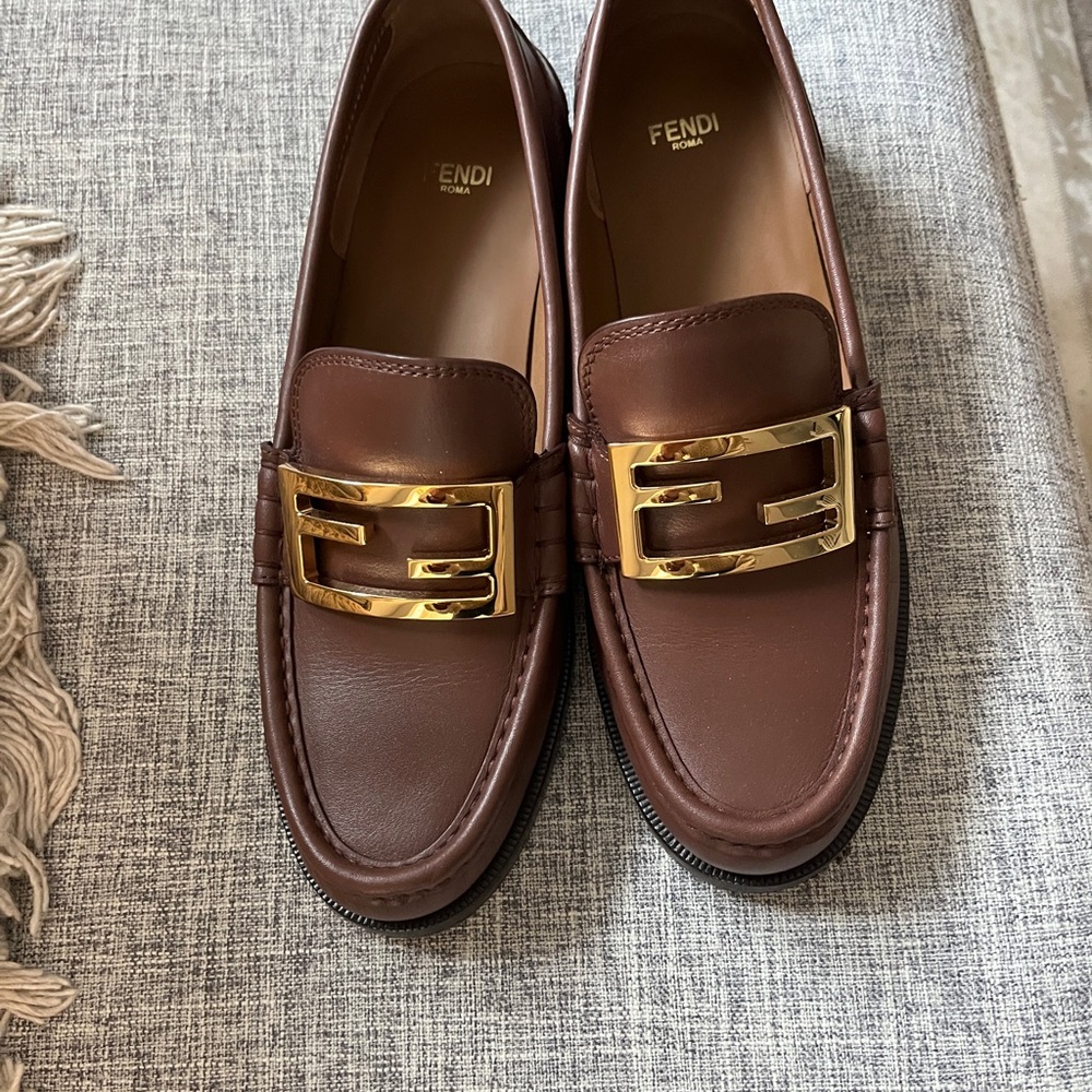 Fendi Brown Leather Loafers with Gold Buckle